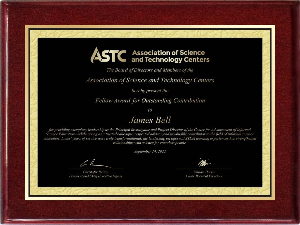 Image of ASTC Fellow award plaque for Jamie Bell